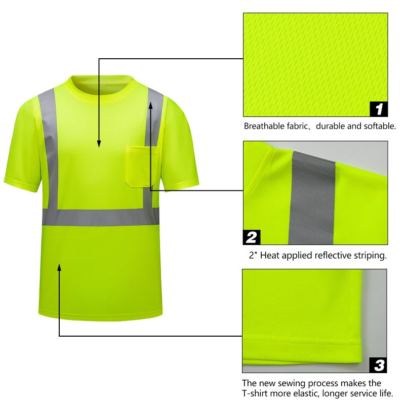 DPSAFETY High Visibility Shirts Quick Dry Safety T Shirts with Reflective Strips and Pocket Short Sleeve Mesh Hi Vis Construction Work Class 2 Shirt for Men/Women Lime,2XL - Image 2